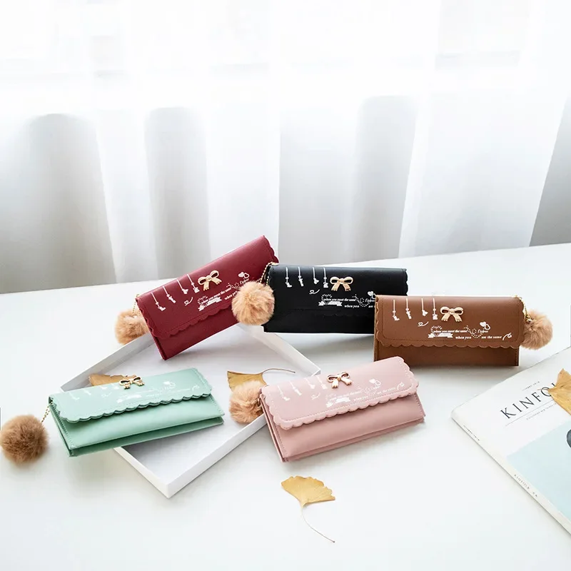 

Luxury Brand Leather Wallets Women Long Wallets Pure Color Wool Ball Bow Clutch Bag Female Money Credit Card Holder Coin Purse