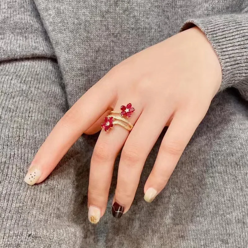 Stylish Delicate Flower Red Color Set Zirconia Ring for Women\'s Elegant Temperament Vintage Trend Party Jewelry Accessory