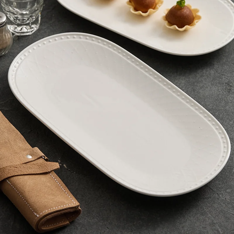 Oval Dinner Set Plates and Dishes, White Ceramic Plate, Fish Plates, Exquisite High-end Line Relief Rectangular Dessert Plates