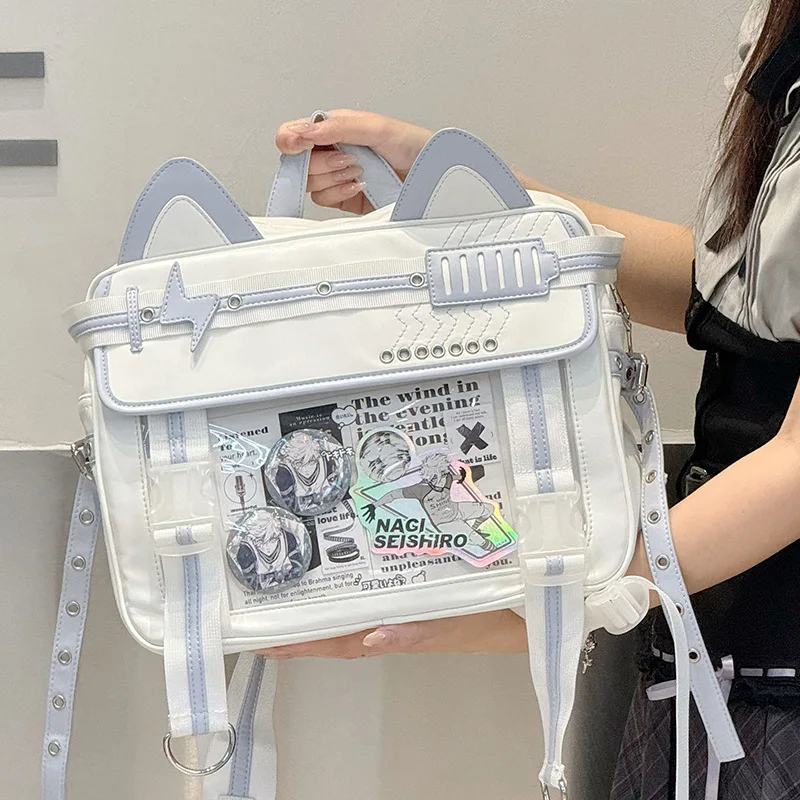 Ita Bag for Women Anime Star Print Transparent Pocket Itabag Large Capacity PU Leather Backpack White & Light Blue Daily School
