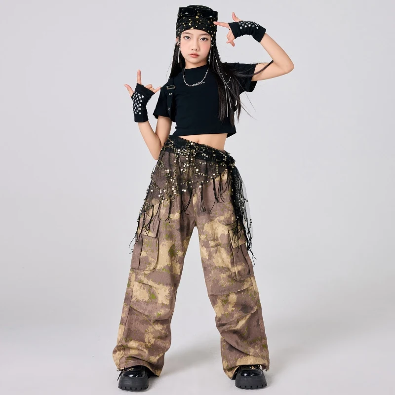 Jazz Dance Clothing Children Black Tops Camouflage Cargo Pants Cool Girl Fashion Clothes Street Dance Costume Kpop Clothes 1720