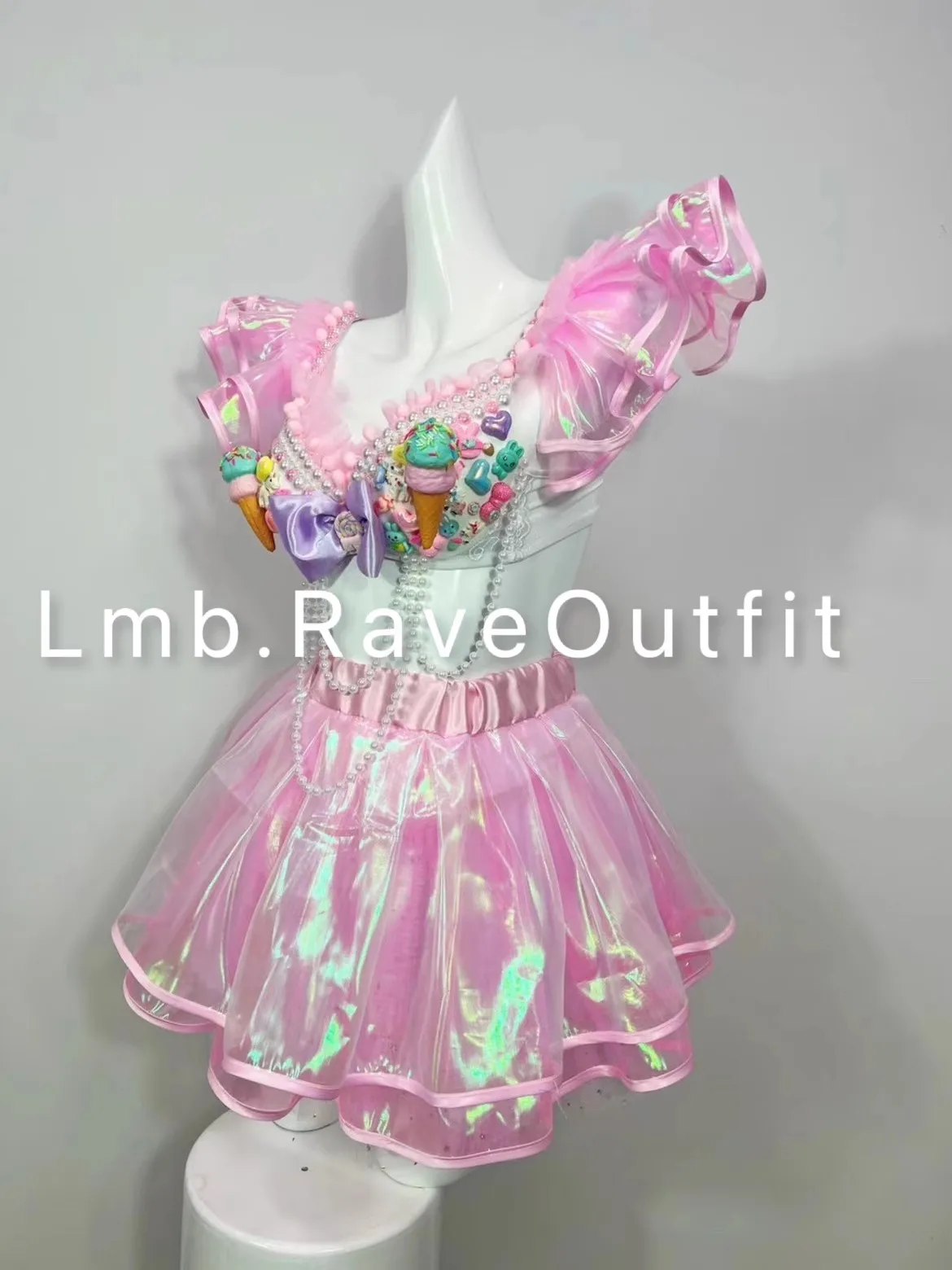 Cute Candy Sweetheart Summer Nightclub Bar Princess Pink Ice Cream Cartoon Top Dress Suit Singer Dance Stage Cosplay Party Wear