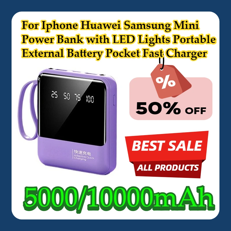 

For Iphone Huawei Samsung Mini Power Bank with LED Lights Portable External Battery 5000/10000mAh Pocket Fast Charger