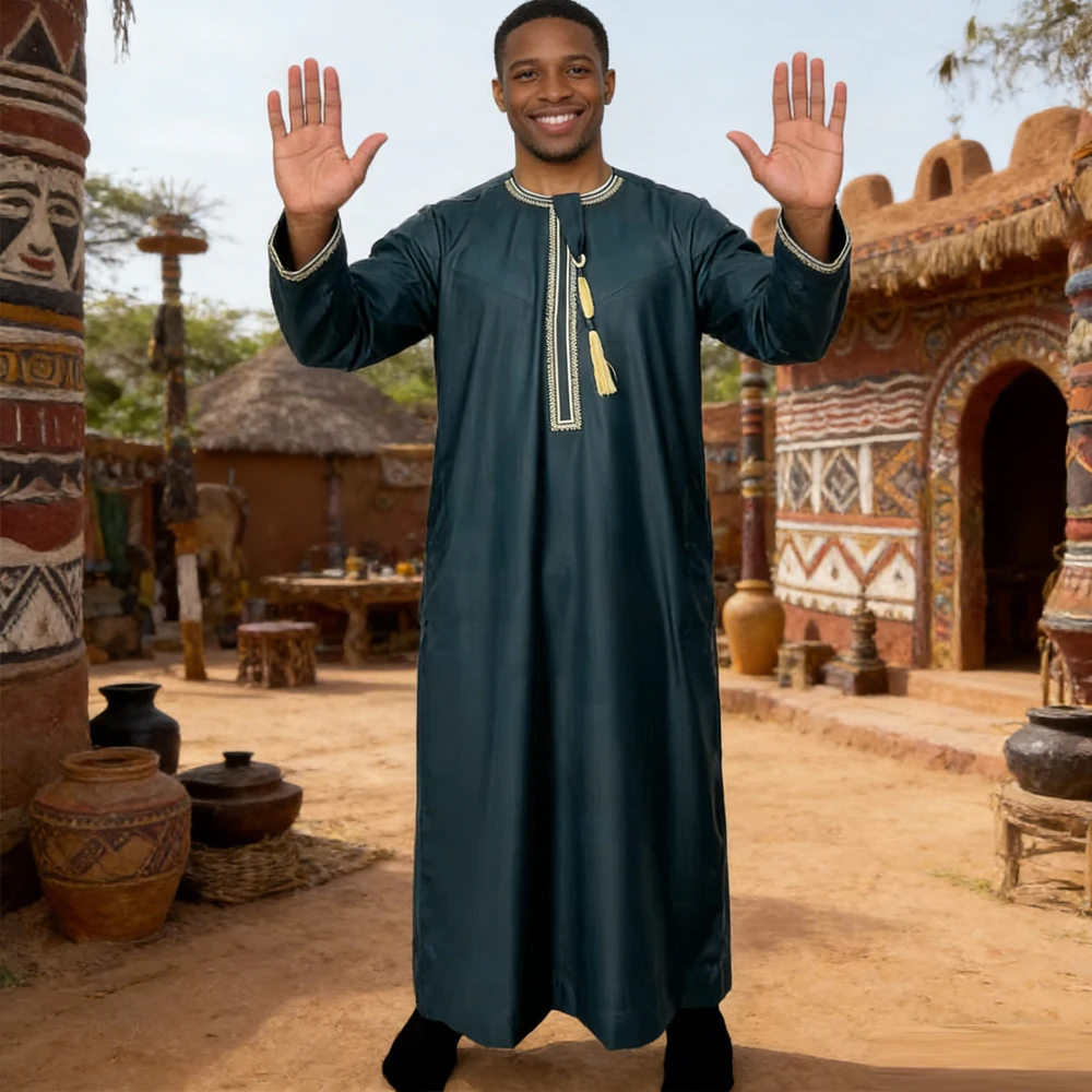 

Eid Muslim Men Long Sleeve Pullover Dress Aman Abaya Jubba Thobe for Men Saudi Arab Kaftan Islam Clothing Rayer Robe Afghan Male