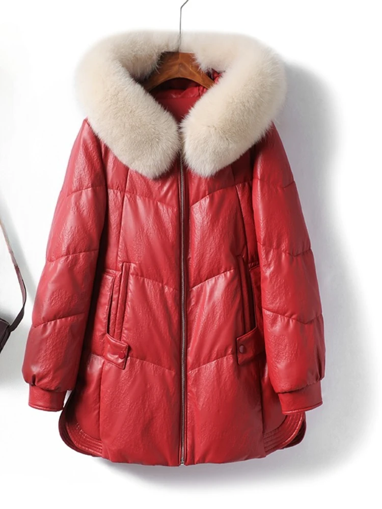 Women's versatile leather jacket winter new hooded fox fur collar 90 white duck down fashion casual leather down coat