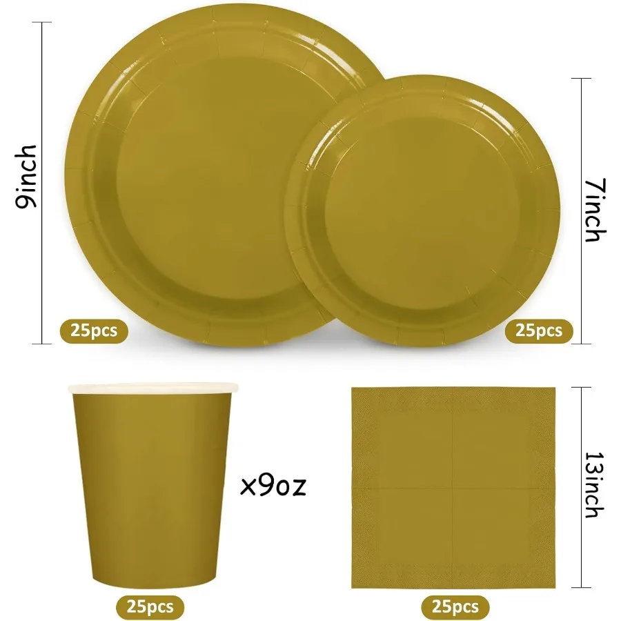 100Pcs Gold Tableware Set for Wedding Birthday Bride Shower and Party Supplies Disposable Dinnerware with 50Pcs Paper Plates 25