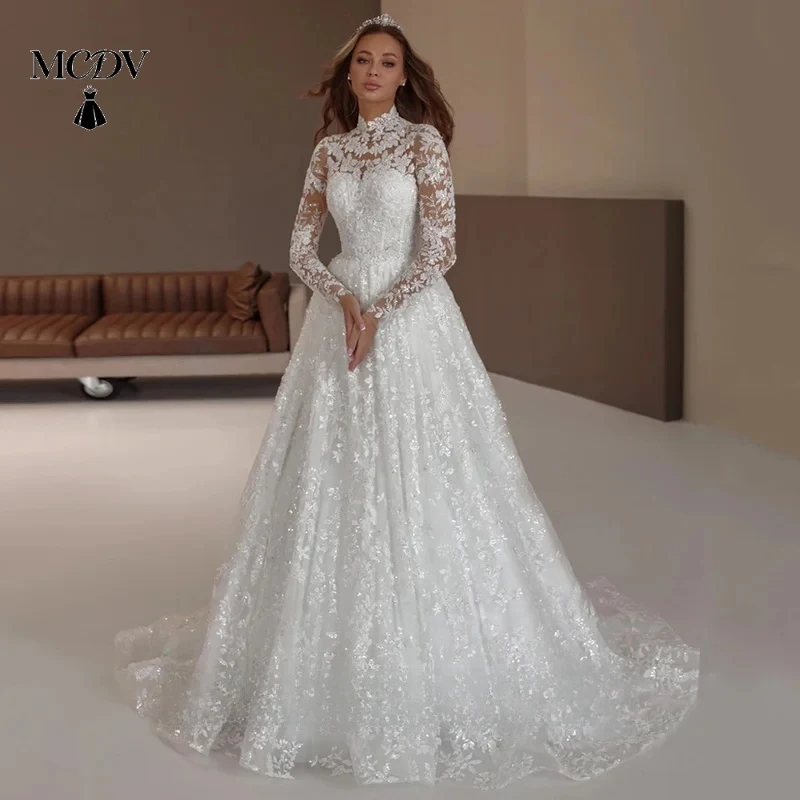 

MCDV Exquisite Arabian Lace Wedding Dress for Bride High Neck Long Sleeves Sweep Train Saudi Bridal Gown Customized Robe Mariee