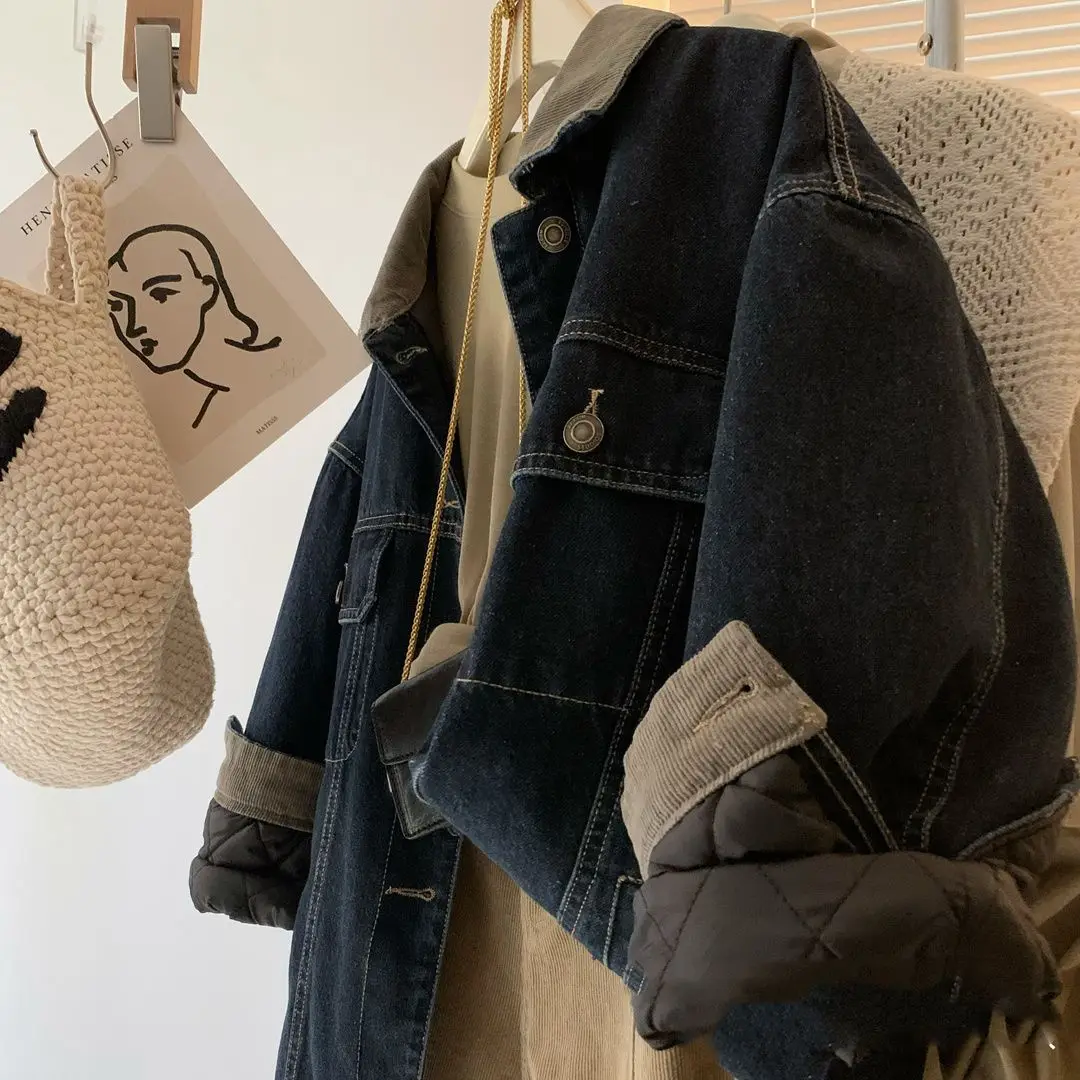 

Denim Coats With Rhinestone Woman Fur Plush Womens Winter Thickened Adjustable Hooded Fleece-Like Ins Outcoats Workwear Casual