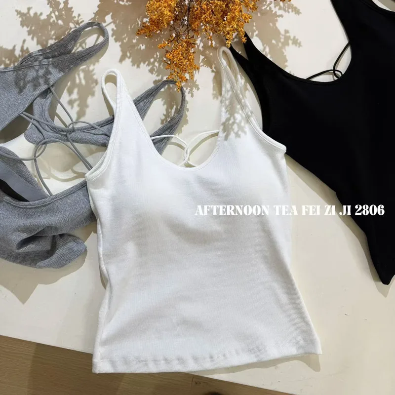 Women's Cute Tank Top Sleeveless Top Built-in Bra Open-back Girl's Vest Crisscross Straps Tube Lady Top Spring Summer Daily Wear