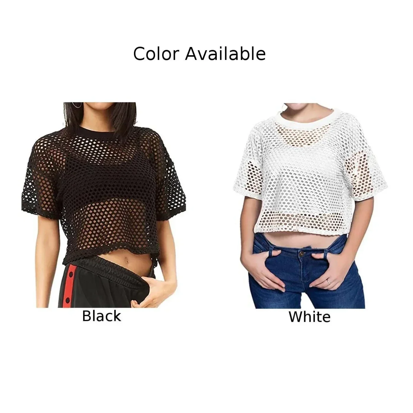 Fashion Lady Fishnet Transparent Crop Tops T-shirt For Women Summer Short Sleeve O Neck Solid T Shirt Tees Female Clothing