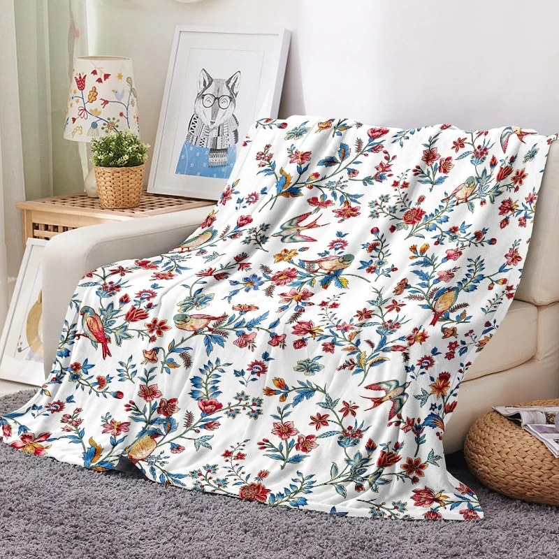 Floral Bird Print Blanket Soft Microfiber Throw Cover White Background Colorful Flowers Birds Living Room Decor