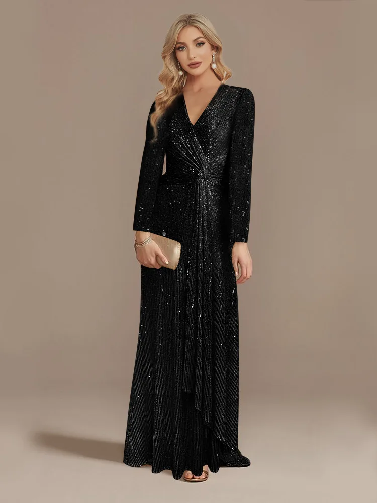 Long Sleeved V-neck Evening Luxury Night Dress Prom Elegant  for Women Wedding Party V-neck Long Sleeve Dresses Formal Occasion