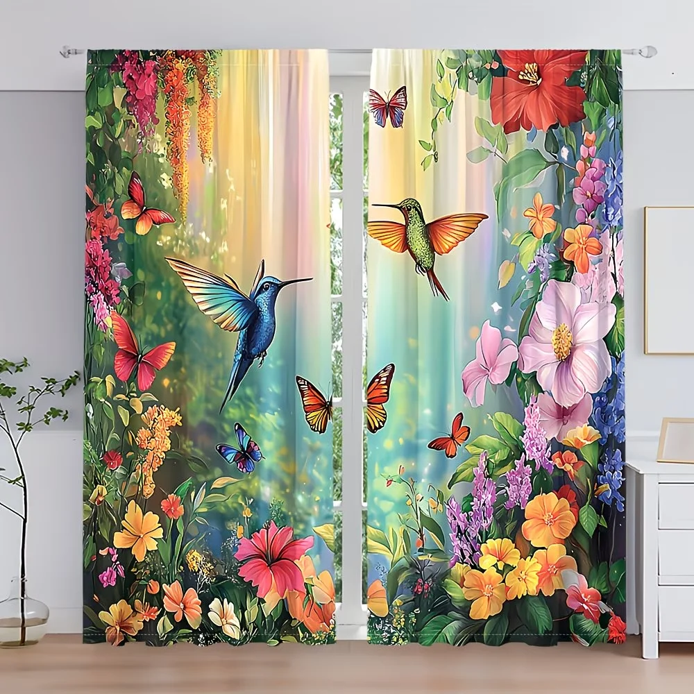

2Pcs Curtain Garden: Hummingbirds, Butterflies, and Flowers Window Drapes for Bedroom Living Room Decoration Window Treatment.