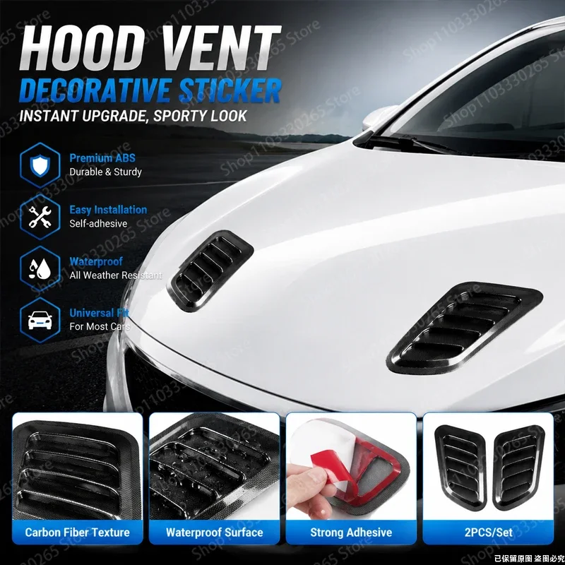 2Pcs Universal Car Hood Vent Sticker, ABS Fake Air Intake Scoop, Waterproof Sporty Decal for Most Cars