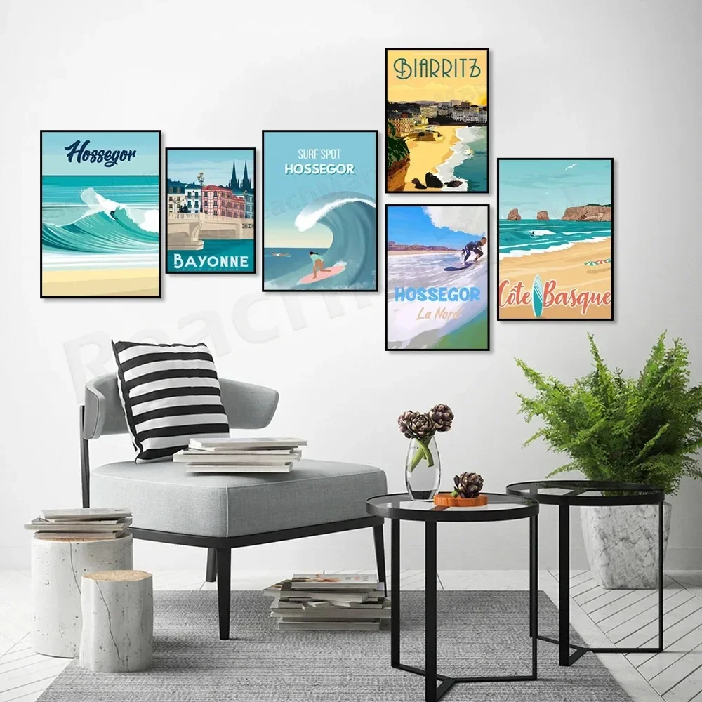 Bayón, Francia, Hossegor: Vista nocturna de la ciudad, surf en la playa de Biarritz, pintura en lienzo de Costa Basca, decoración moderna para el hogar y la sala de estar