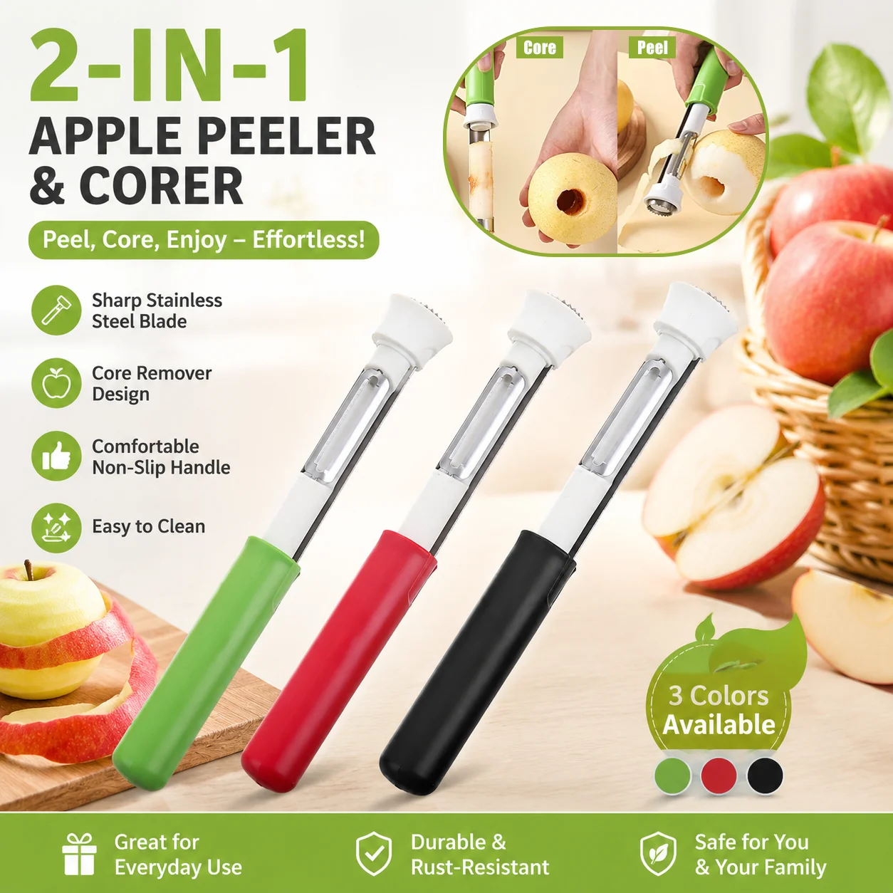 1pc 2-in-1 Apple Peeler Corer Stainless Steel Fruit Peeler and Core Remover Tool for Apple Pear Kitchen Gadget