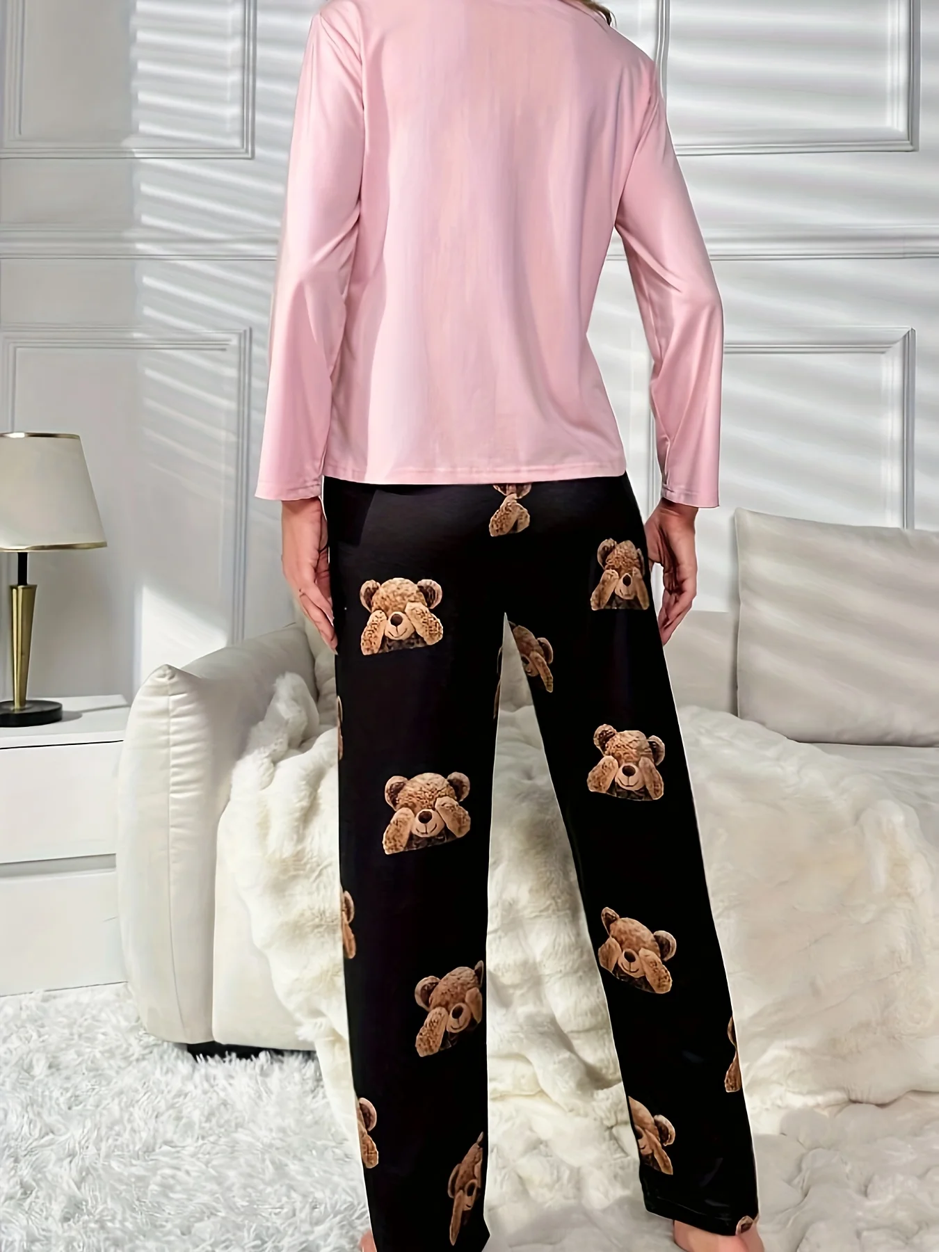 Ladies\' Bear print casual pajama set with long sleeve crew-neck top and pants