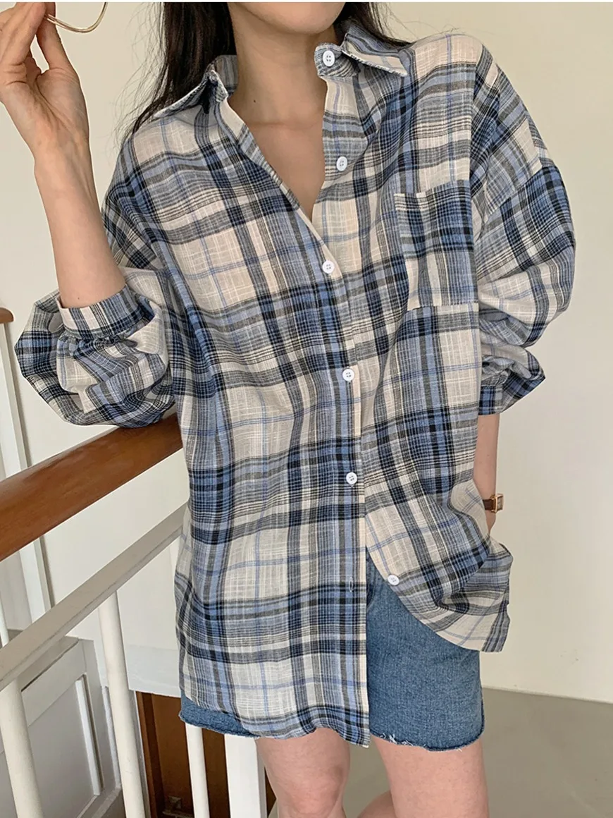 Chic Autumnal Loose Casual Long Sve Plaid Cotton Linen irt Women's Turn-down Collar Color Blo Lazy Sle Versatile Top