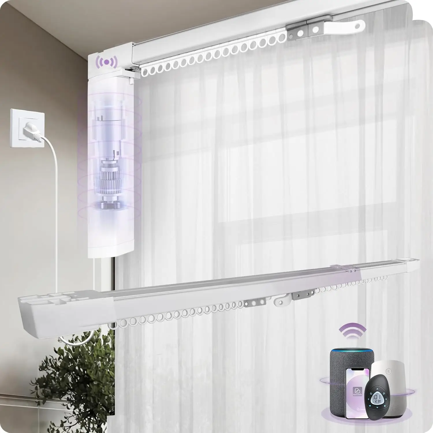 Smart Curtain Track Retractable Motorized Centre-opening Curtain Rail Compatible with Alexa Google Easy to Control by Voice, App