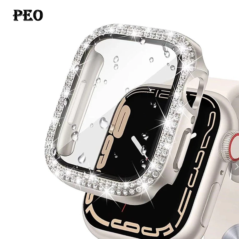 Diamant-Abdeckung für Apple Watch-Gehäuse 45 mm, 41 mm, 38 mm, 42 mm, 44 mm, 40 mm, gehärtetes Glas + Stoßstange, Displayschutzfolie Serie 9, 8, 7, 6, 5, 4, 3 SE