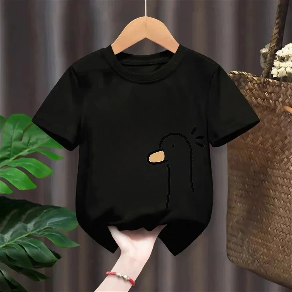 Summer Kids Korean Style Simple 100% Cotton T Shirt for Children Trendy Yellow Duck Printed Tees Girls Daily Casual Sweatshirts