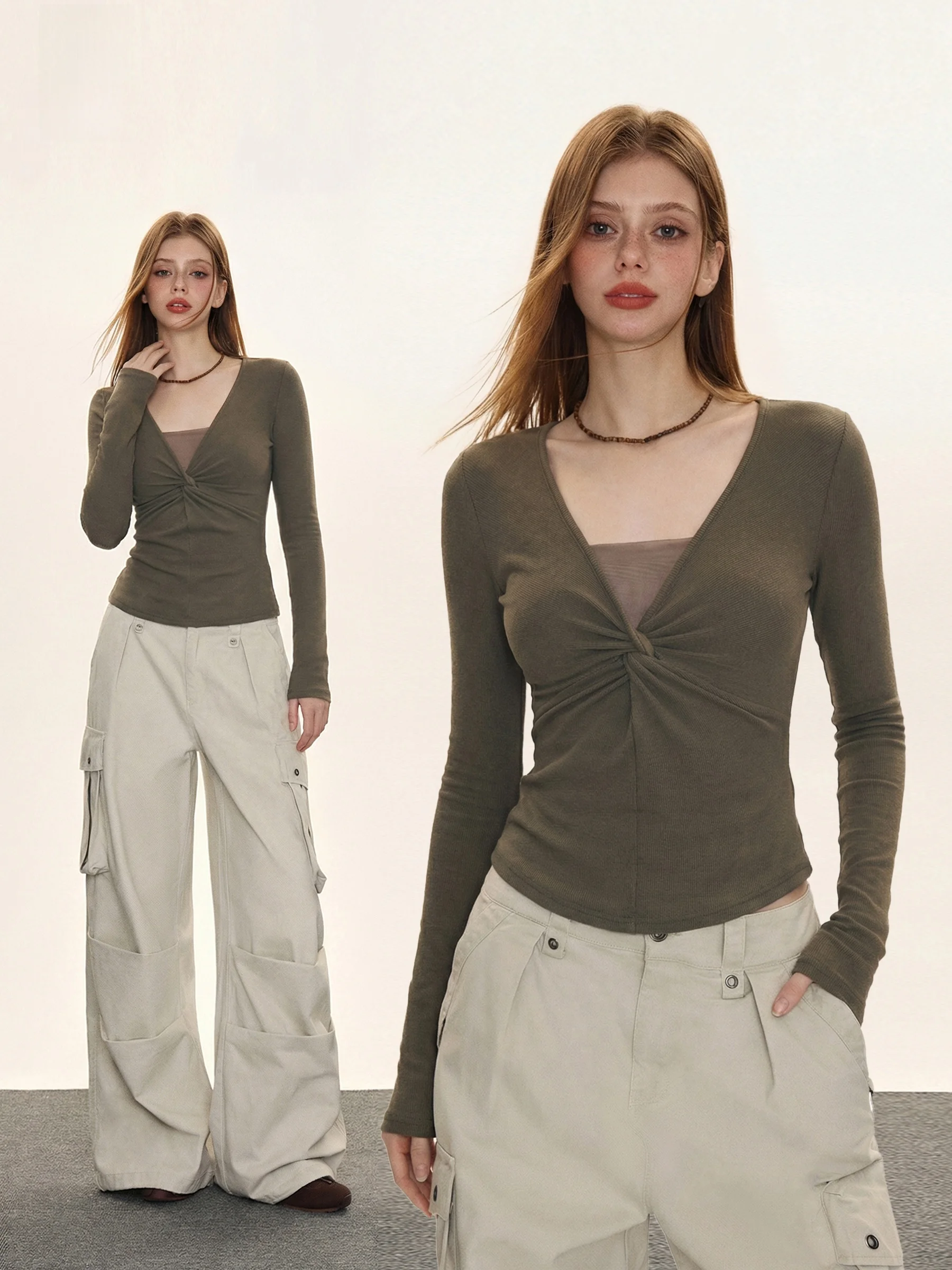 

iyue Pure Desire Knotted V-ne Women's Autumn Winter Slimming T-irt Casual Sle Long Sve Folded Hem Base irt