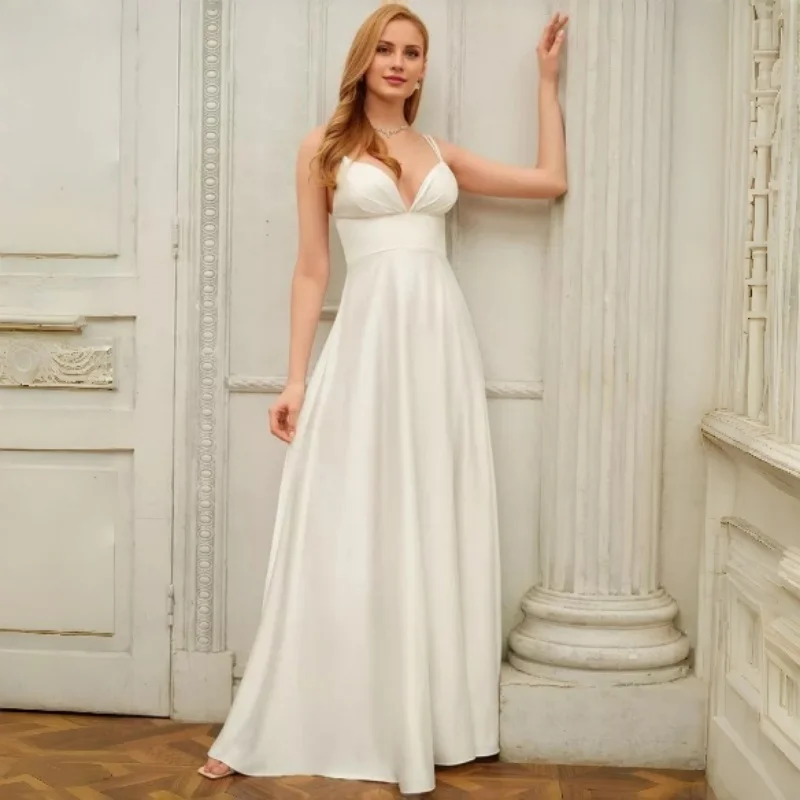 Double Spaghetti Strap V-neck Wedding Gown Front High Slit Crisscross Straps Back High Waist A-line Flowy Skirt Cheap Customizat