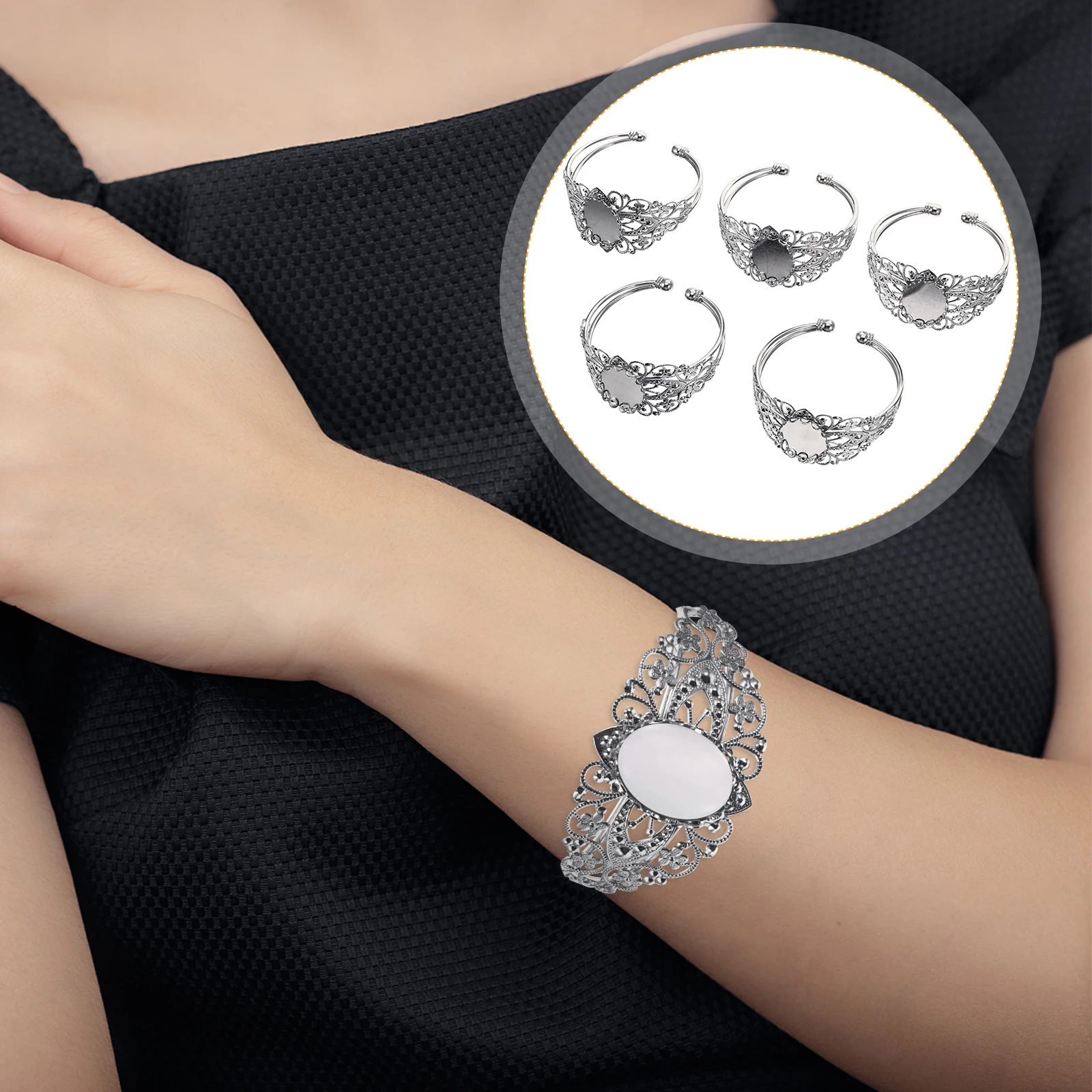 

5pcs Gemstone Oval Blank Cuff Bracelet Bezel Tray Adjustable Cuff Bangle Blank Stainless Steel Jewelry Accessories