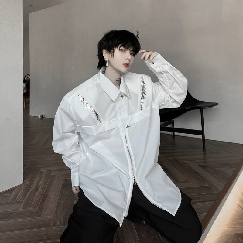 

Spring Autumn New Sle Men's Long Sve irt Casual Pad oulder Design Multiple Zippers Pure Color Loose Fit Youth Faion