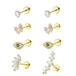 A stylish set of flat back cartilage earrings series for women and girls, screw-tragus earrings piercing jewelry,8PCS