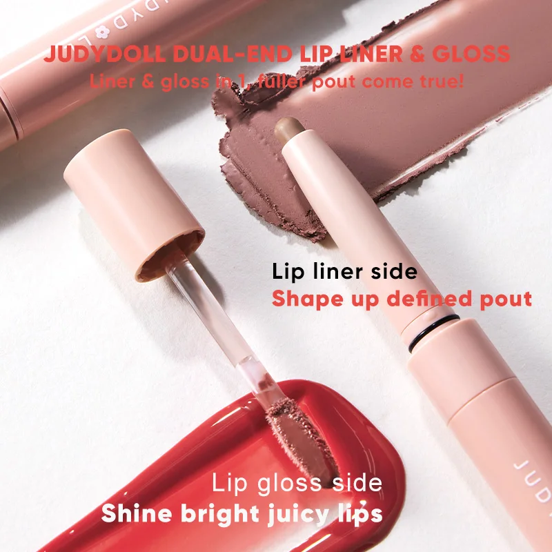Judydoll Brilho labial e delineador labial de ponta dupla, 2 em 1, brilho espelhado, hidratante, de longa duração, não pegajoso, lábios definidos, acabamento brilhante