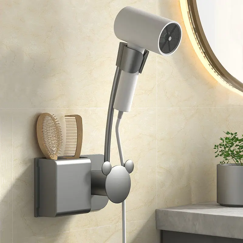 Hair Dryer Holder No Hand-held Hair Dryer Storage Rack Wall Mounted No Punching Bathroom Storage Rack Household Items