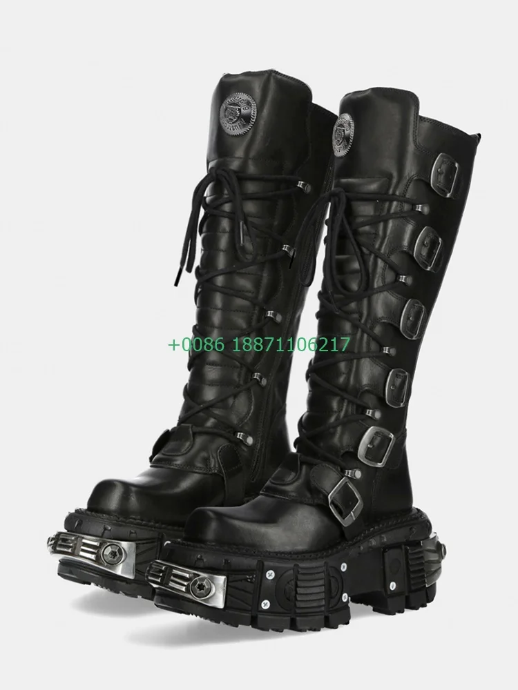 

Punk Rivet Women's Knight Boots 2024 New Fashion Thick Bottom Round Belt Buckle Street Rock Boots Sports Casual Motorcycle Boots