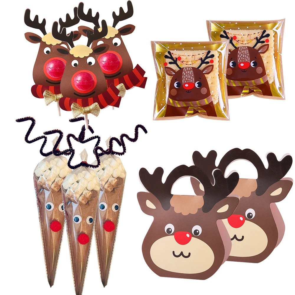 Christmas Cartoon Deer Candy Bags Cookie Boxes Lollipop Cards Merry Christmas Party Decorations DIY Baking Packaging Supplies