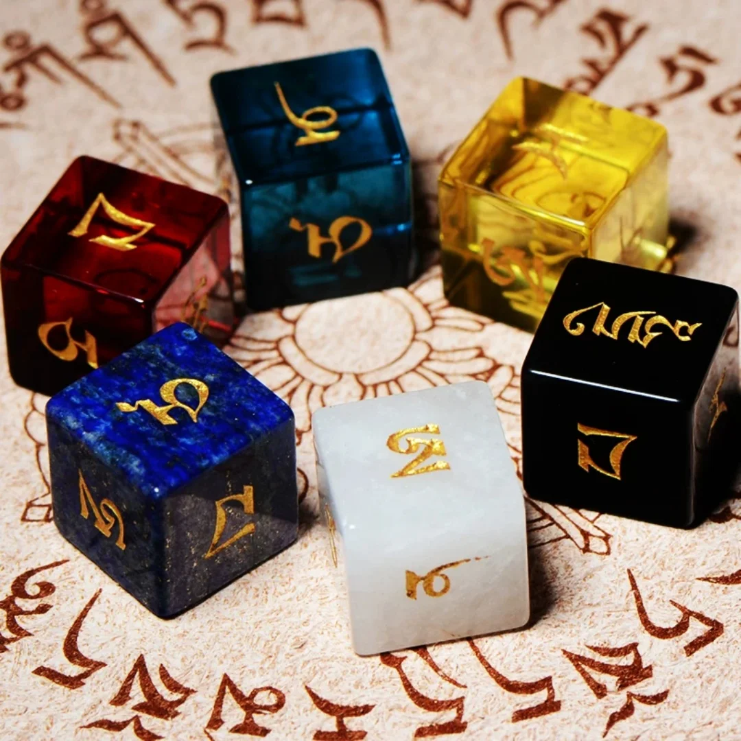 Tibetan Gemstone Dice Set Engraved Manjushri Mantra and Om Mani Padme Hum Prayer Cubes for Altar Decor