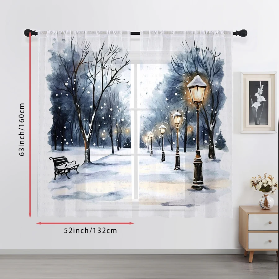 2PCS Sheer Curtains Winter Snow Street Lamp Bench Watercolor Print, Window Voile Panels for Bedroom Living Room Christmas Decor