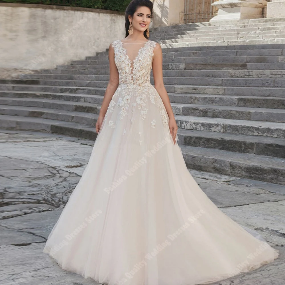 Elegante superficie in Tulle abiti da sposa da donna a-line fidanzamento abiti da sposa Sexy scollo a v senza maniche Cocktail Ball Vestidos De Novia