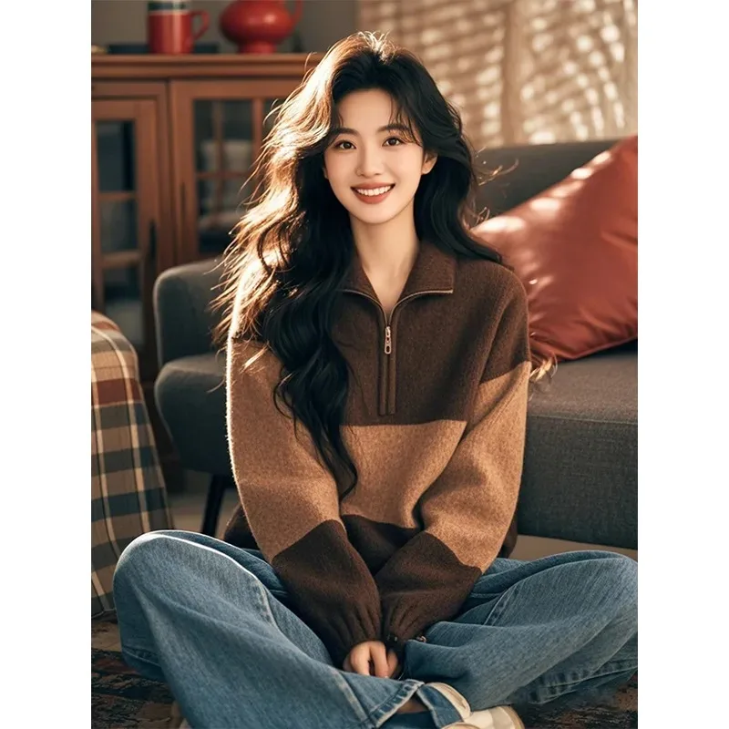 American Retro Color Block Half-Zip Knit Sweatshirt Jacket Women Winter Loose Warm Sweater Fashion High-End Casual Outerwear