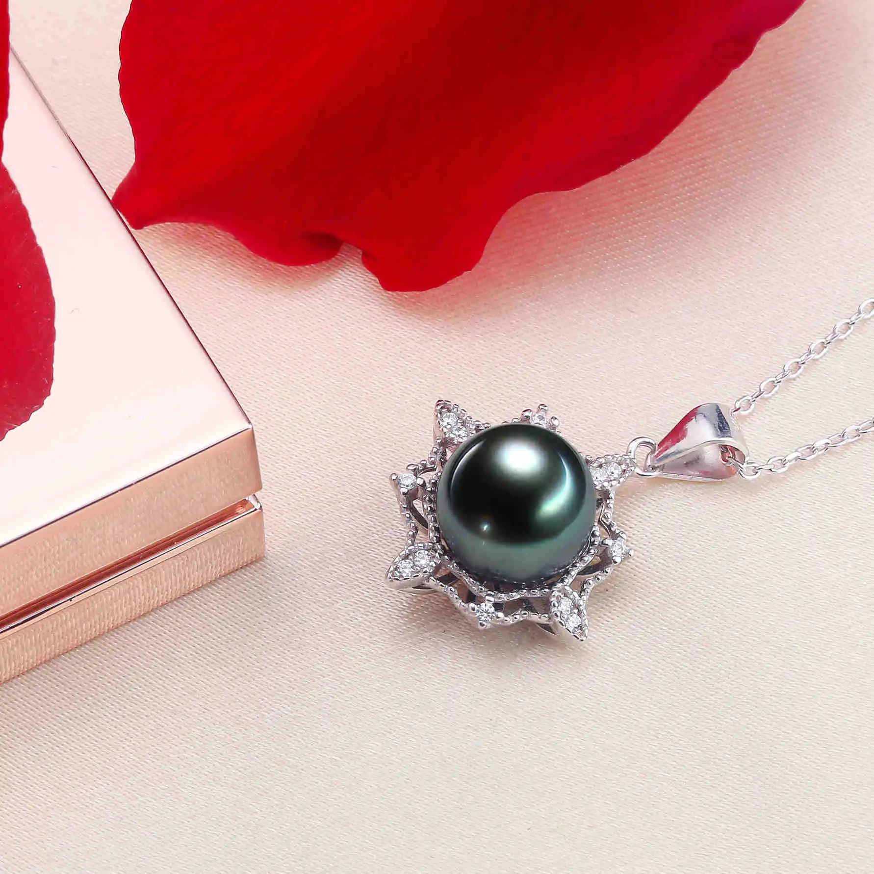 S925 Silver Retro Hollow Pearl Pendant Ring Set please place an order, 9-10mm black green round pearl pendant 925S