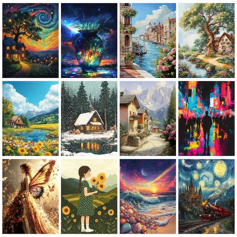 

PhotoCustom Landscape Painting By Number Seaside Town Art Paint By Number Kits Craft Kit For Adults Room Decoration Gift