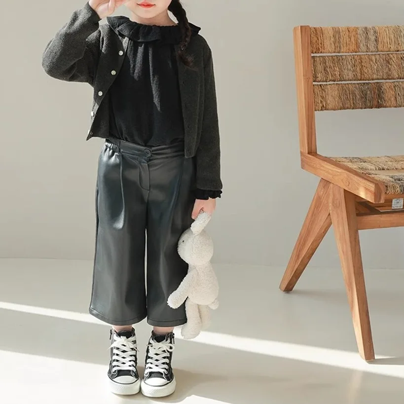 

Girls Pants Autumn and Winter New PU Soft Leather and Velvet Fashionable Long Leather Pants Kids Clothes