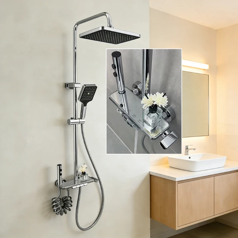 Four Ways Water Outlet Brass Bathroom Shower Set Hot Cold Bathroom Shower Faucet Full Set Grey/Chrome Rainlfall Shower System
