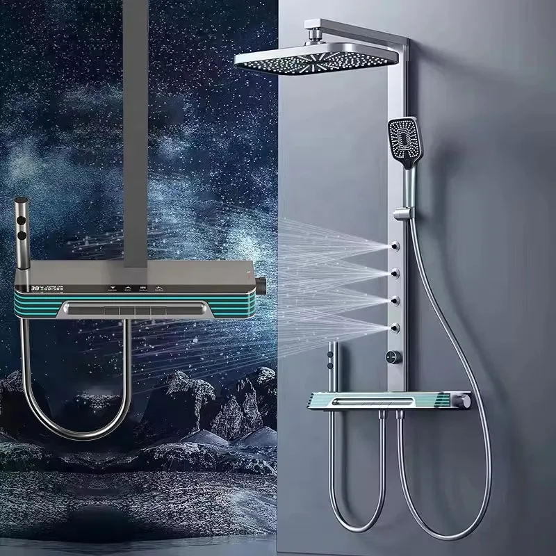 

High Quality Bath Smart Bathroom Rain Shower Mixer System Brass Gun Gray Light Emitting Diode Digital Shower Set