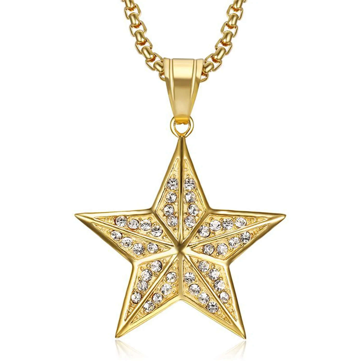 

Hip Hop Iced Out Bling Pentagram Pendant Dropshipping Gold Color Stainless Steel Star Necklace for Men Hiphop Cool Jewelry Gift