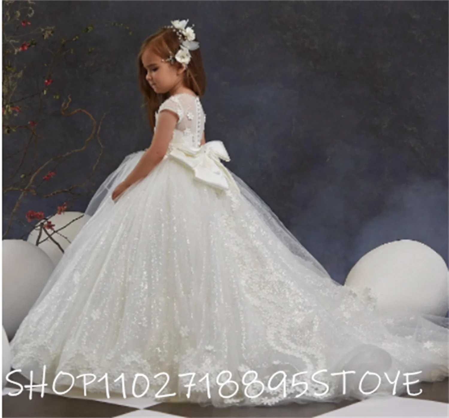 Ivory Glitter Tulle Ball Gown Flower Girl Dresses For Wedding O Neck Pageant Gowns Sequined First Communion Dress Cap Sleeve