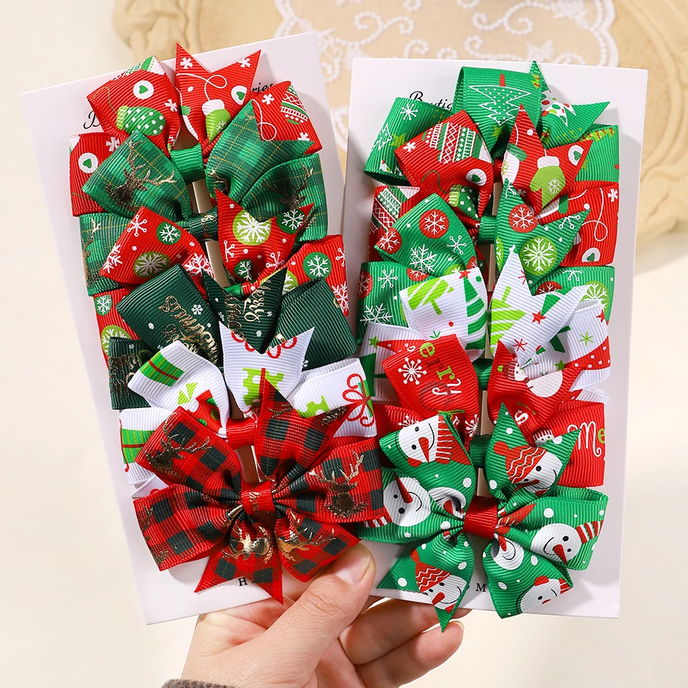 

6Pcs/Set Kids Christmas Hair Accessories Hair Bows with Clip for Girls Holiday Party Print Hairpin New Years Gift Lovely