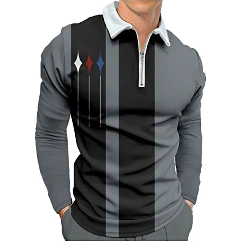

New Hot Selling Luxury Solid Color Men's Long Sleeved Lapel T-shirt, Casual Zipper Printed Sports Golf Polo Shirt, Warm Top