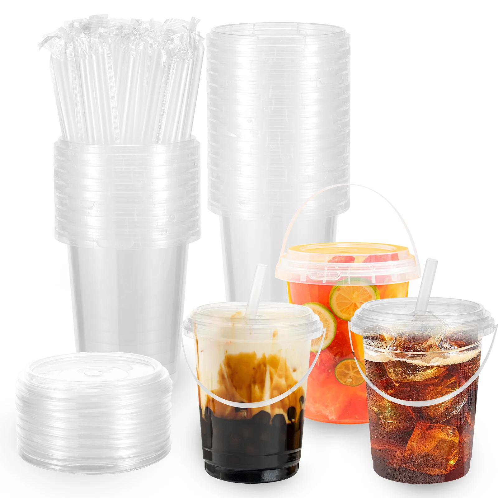 

100Sets Plastic Cups With Lids Clear Disposable Cups For Parties Iced Coffee Smoothie Milkshake Cold Drinks Cup Outdoor Utensils