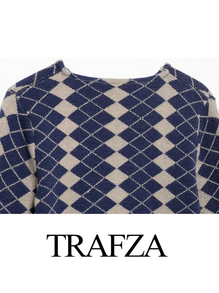 TRAFZA Frauen Herbst Chic einreiher Lange Ärmel Oansatz Gestrickte Pullover Frau Diamant Muster Jacquard Taschen Strickjacke Top