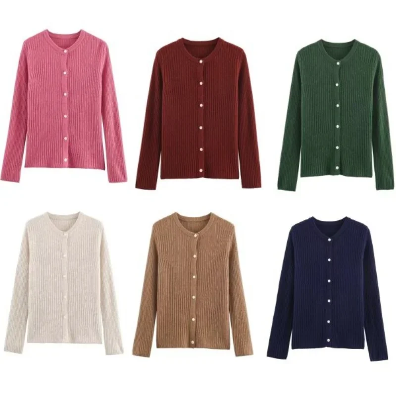 

Сплошной цвет на пуговицах, короткий вязаный свитер, кардиган с длинными рукавами, модный круглый вырез, осень-зима, теплая уличная одежда, офисные женские топы